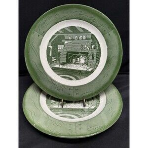Set of 2 Vintage Royal Colonial Homestead Green Dinner Plates 10” Americana 1950